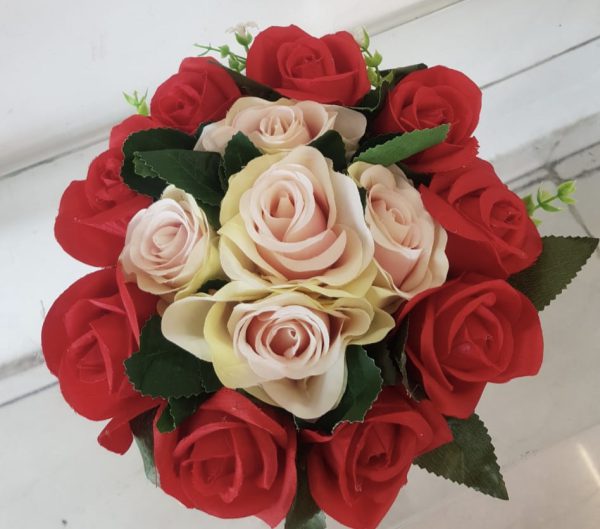 red white artificial roses box